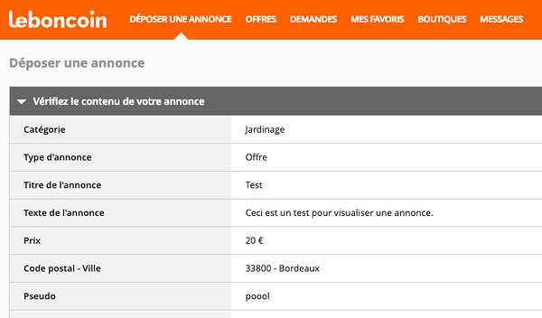 Leboncoin allows you to view a summary of your Ad before its publication