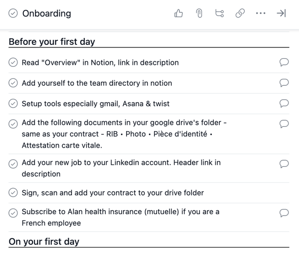 Onboarding checklist as asana task list template